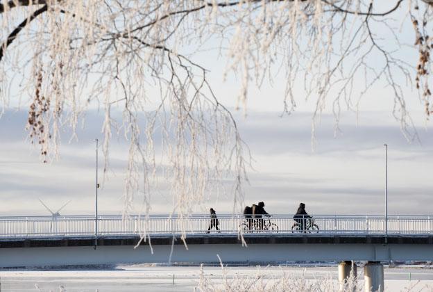 Ihmisiä pyöräilemässä talvella sillalla.